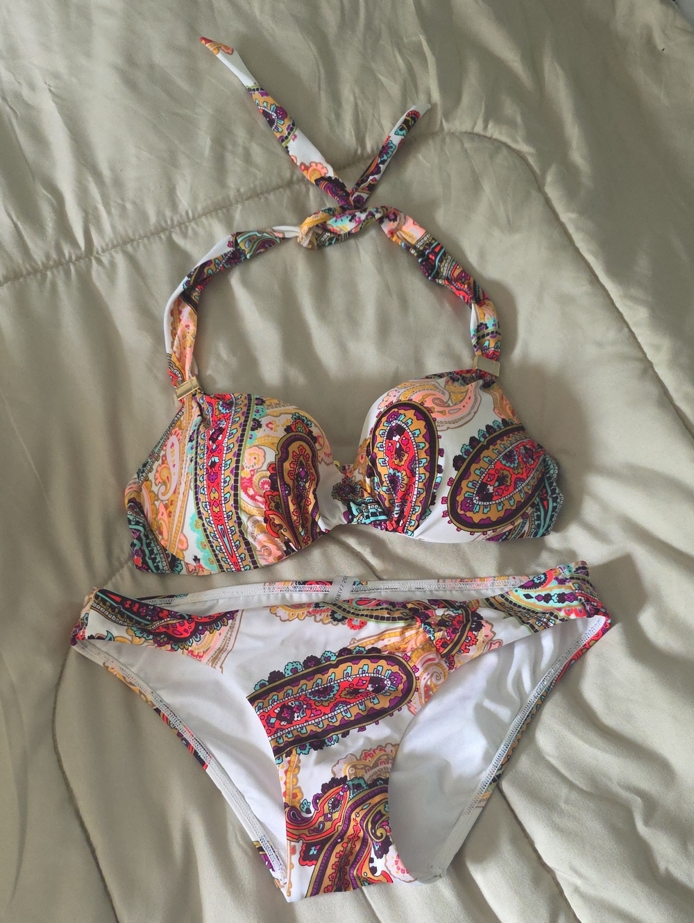 Victoria's Secret White Paisley Halter Bikini with Multicolor Print